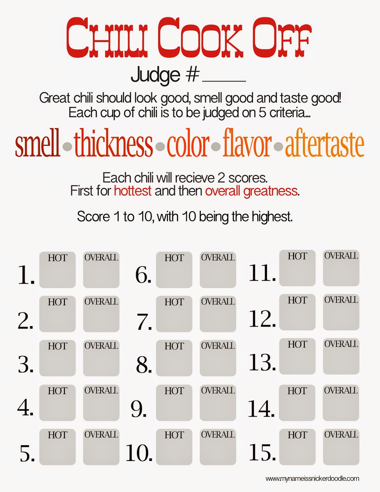 Chili Cook Off Judging Sheet Free Printable