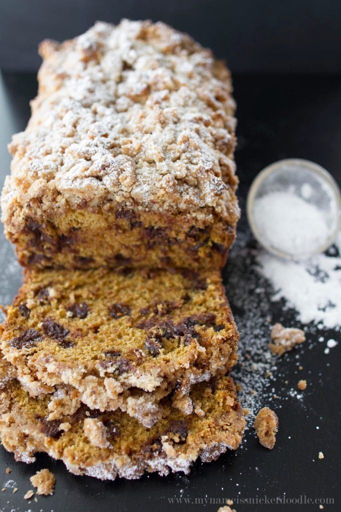 Pumpkin Chocolate Chip Bread Sprinkled with Powdered Sugar and Sliced