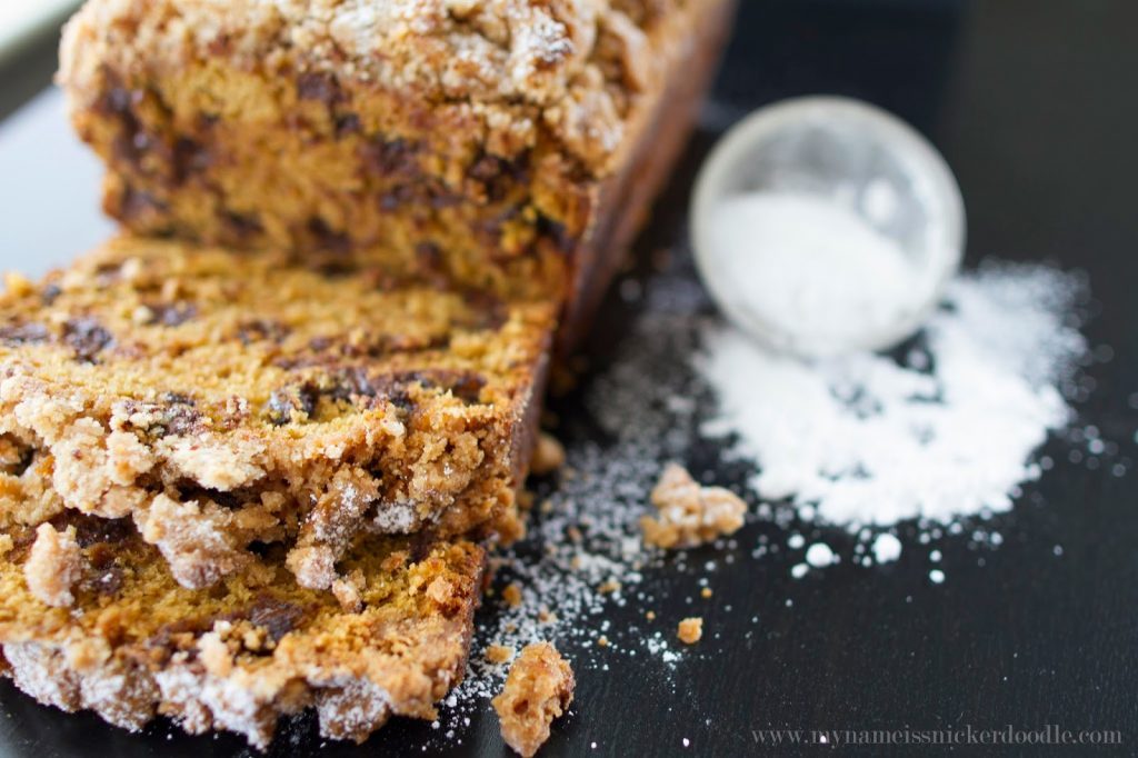 Pumpkin Chocolate Chip Bread Sprinkled with Powdered Sugar