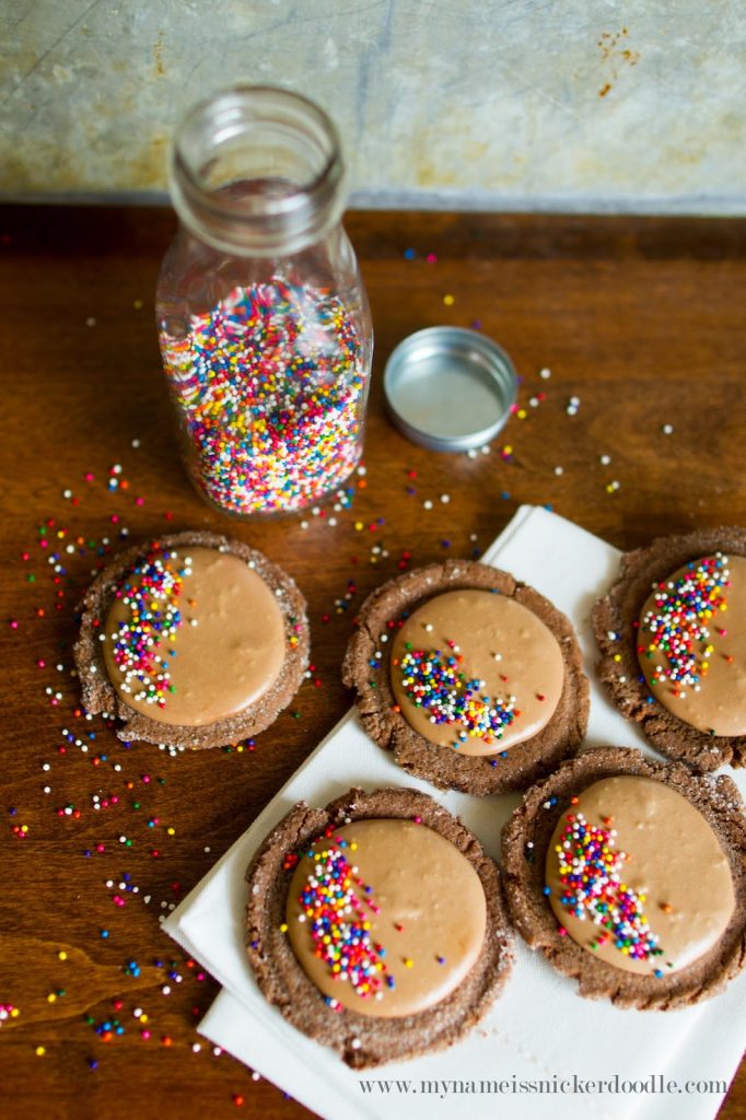 Sprinkles make everything better! These Chocolate Swig Style Cookies have a delicious chocoalte frosting that make them even better! | My Name Is Snickerdoodle Sprinkles make everything better! These Chocolate Swig Style Cookies have a delicious chocoalte frosting that make them even better! | My Name Is Snickerdoodle