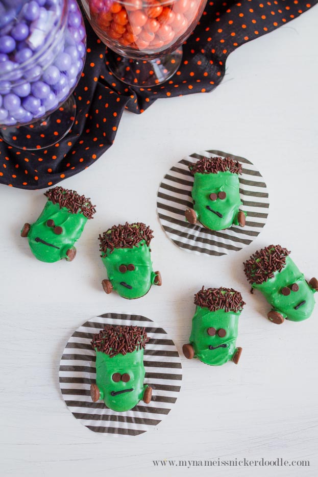 Frankenstein Cookies made with Milano Cookies, Melted Chocolate and Sprinkles