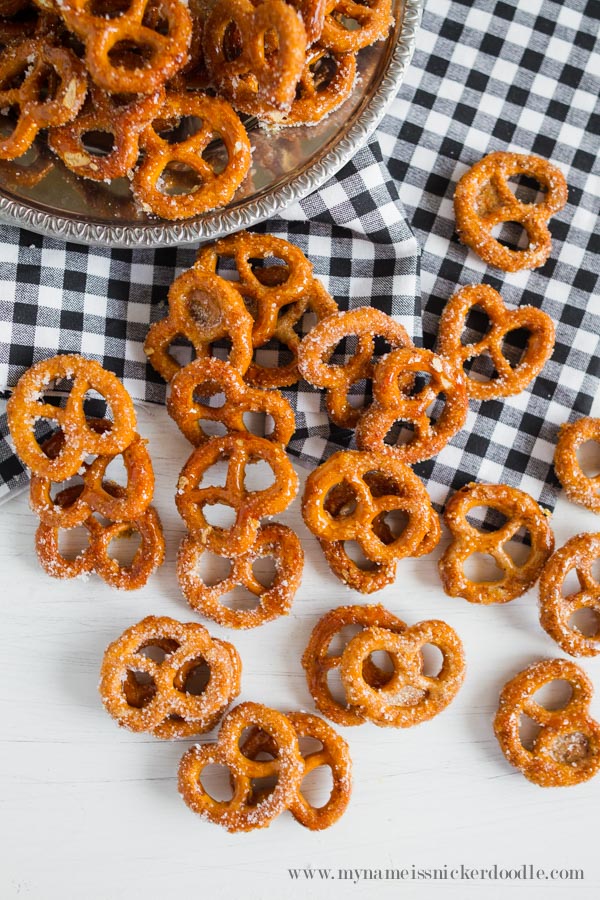Pumpkin Spiced Pretzels on a table Pumpkin Spiced Pretzels on a table