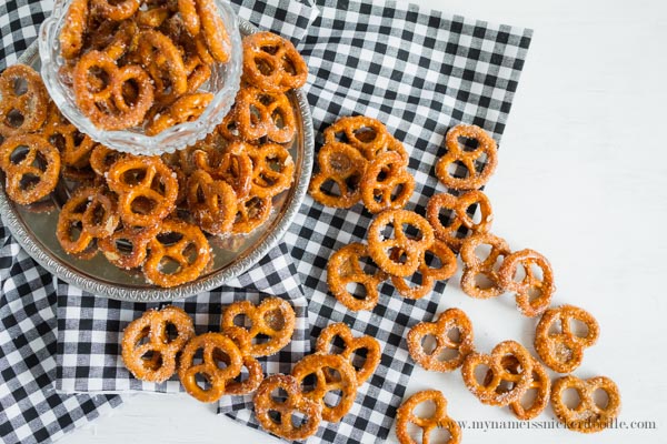 Pumpkin Spiced Pretzels on a table Pumpkin Spiced Pretzels on a table