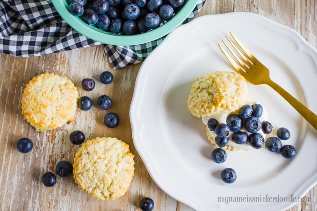 White plate with a biscuit, whipped cream and blueberries on top. The perfect Blueberry Shortcakes!