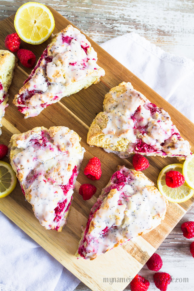 A perfect scone recipe with lemons and raspberries and finished off with a lemon poppyseed glaze.