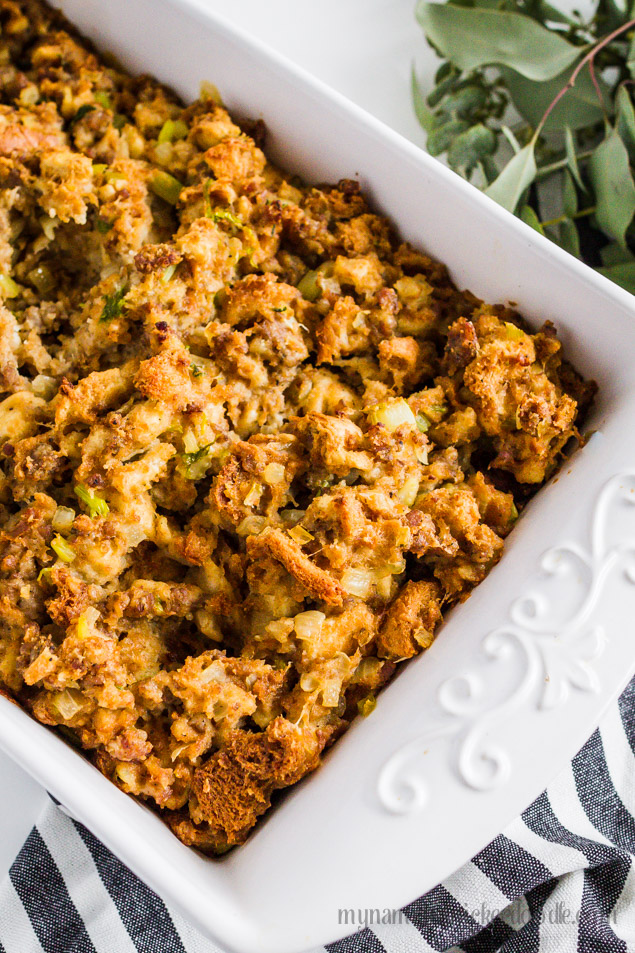 Sausage Stuffing Recipe with herbs, celery and onions. Perfect for the holidays!