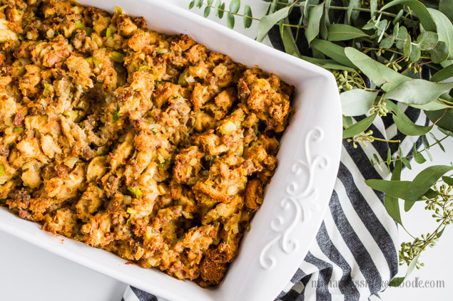 Sausage Stuffing Recipe with herbs, celery and onions. Perfect for the holidays!