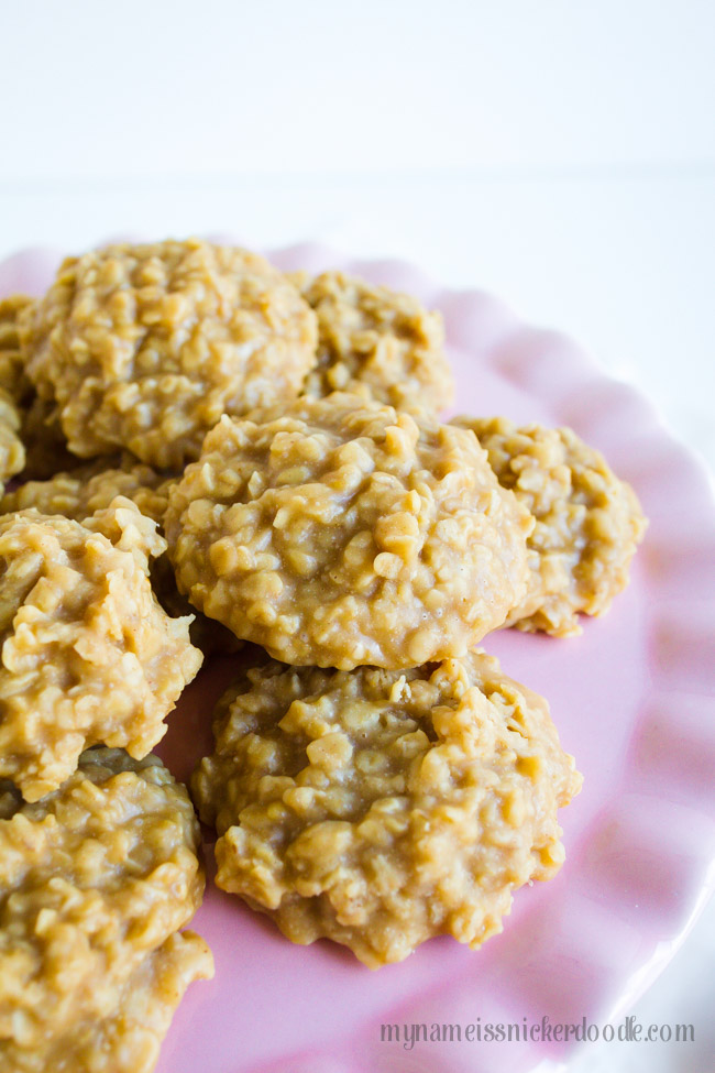 No Bake Peanut Butter Cookies recipe on ruffle pink cake plate