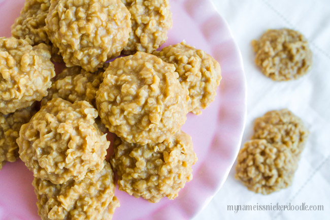 No Bake Peanut Butter Cookies recipe on cake plate