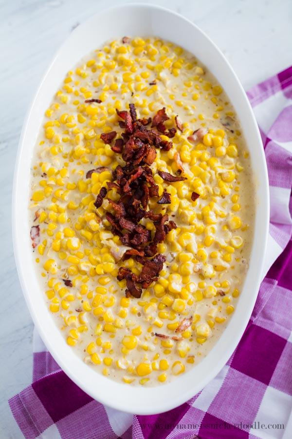 Creamed Corn With Bacon in a white bowl