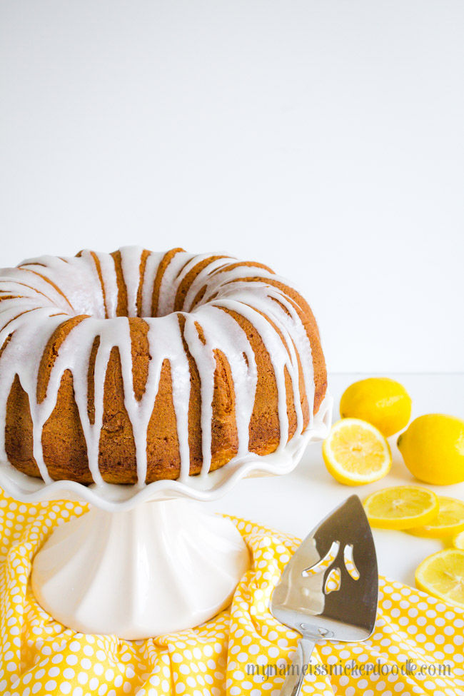 Lemon Cake on a white cake plate