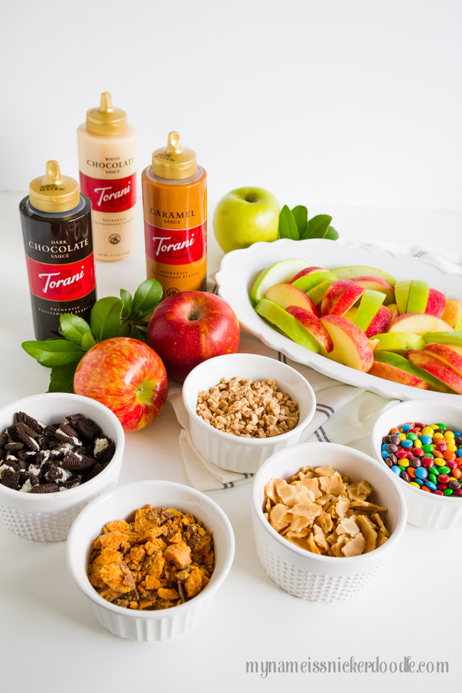 Caramel Apple Nachos with sauces and toppings