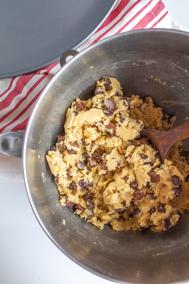 Chocolate Chip Cookie Dough in a silver mixing bowl.