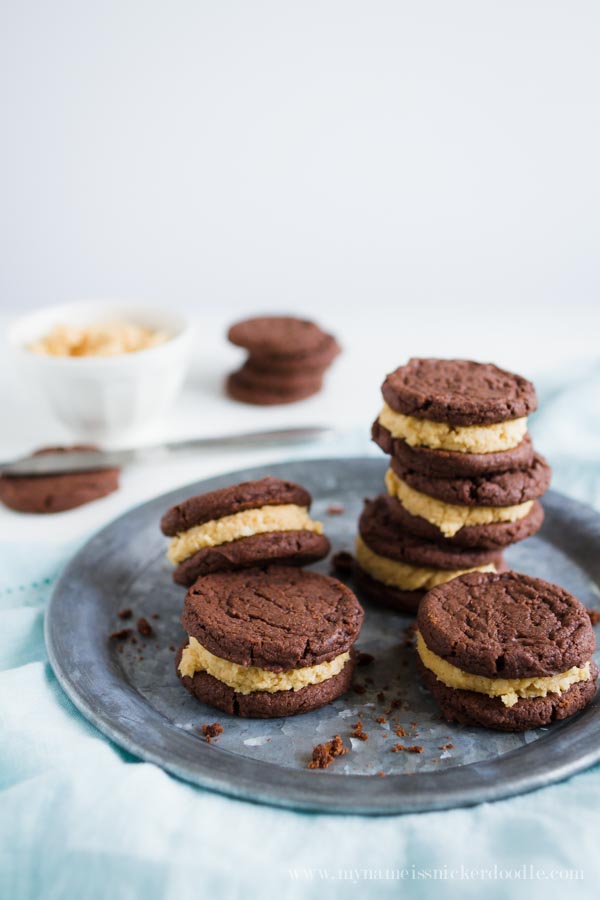 Cake Mix Chocolate Sandwich cookies with a peanut butter filling on a silver plate