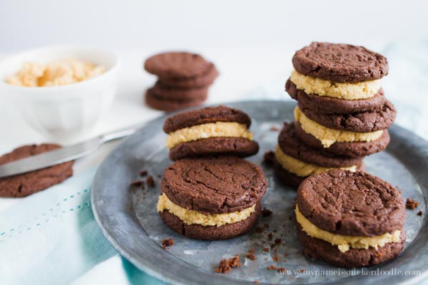 Chocolate Cake Mix Chocolate cookies with a peanut butter filling in between. 