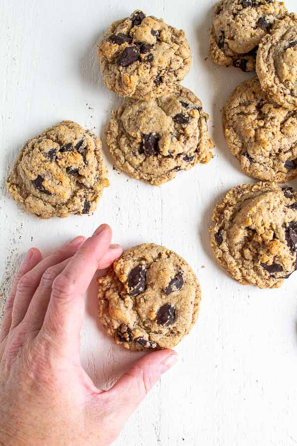 A hand grabbing a Chocolate Chip cookie.