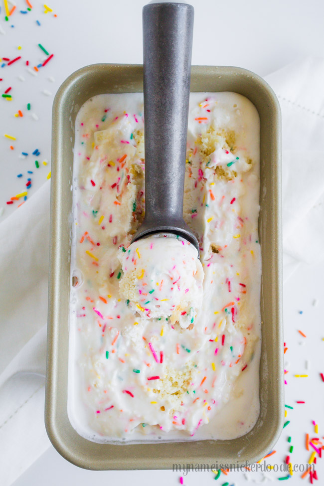 A scoop of homemade birthday cake ice cream.