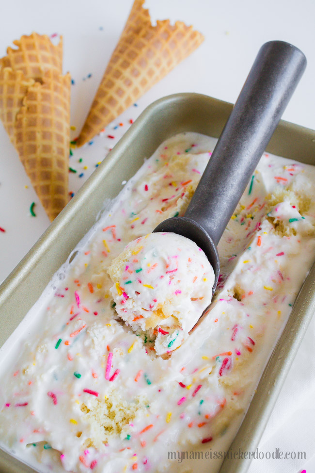 A scoop of birthday cake ice cream.