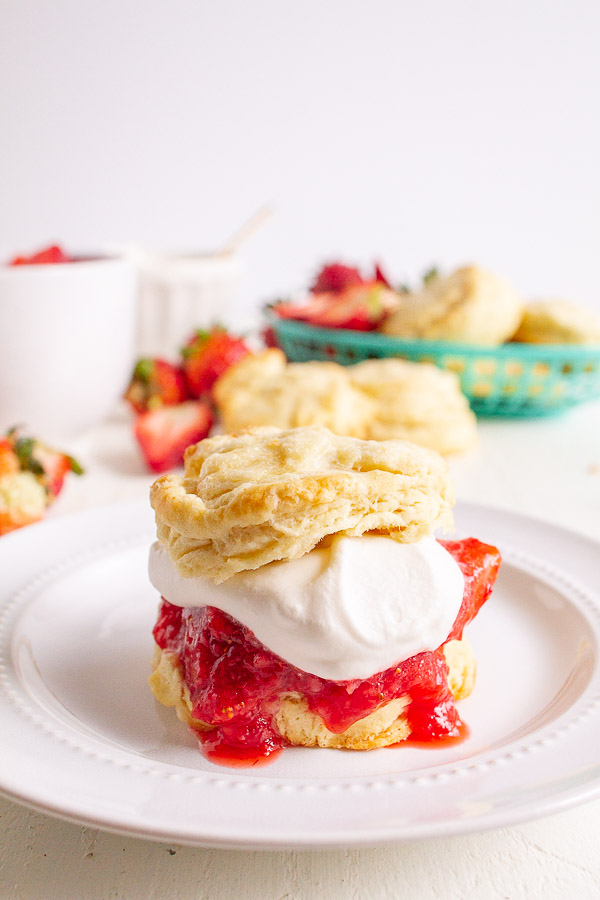 Strawberry Shortcakes topped with fresh strawberries and real whipped cream.