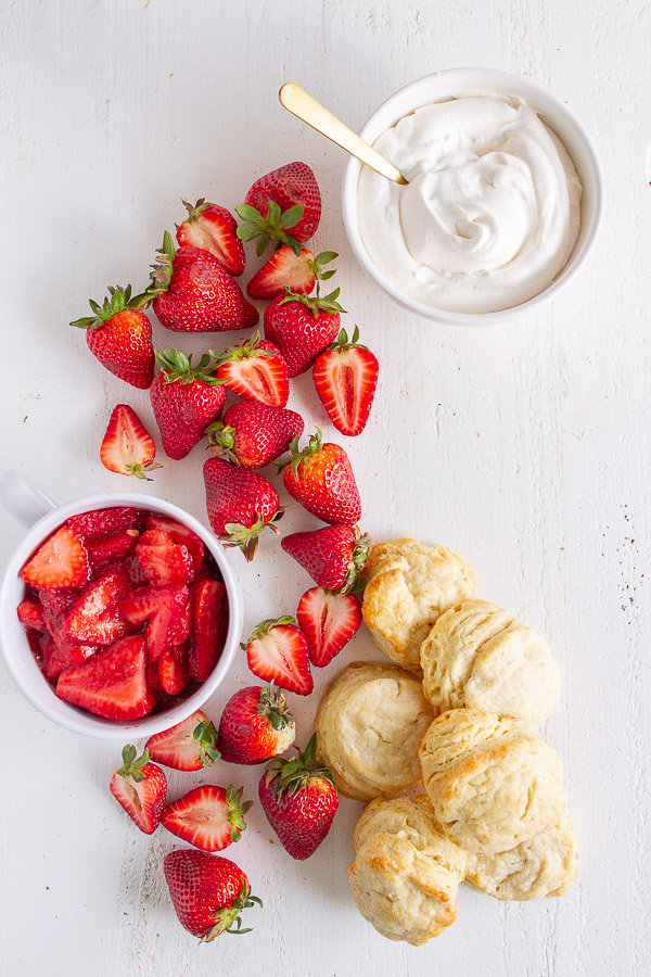 Fresh strawberries, real whipped cream and tender sugar biscuits.  