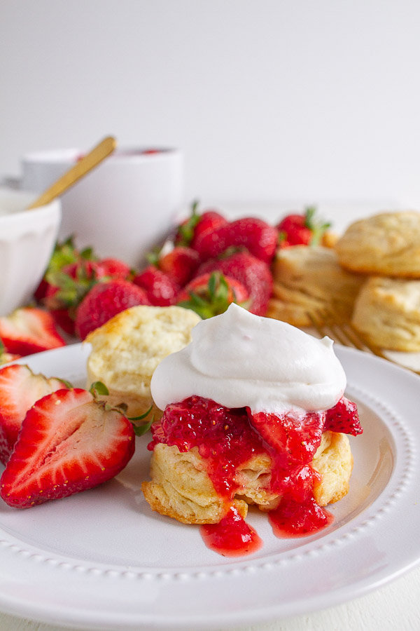 Strawberry Shortcakes topped with fresh strawberries and real whipped cream.