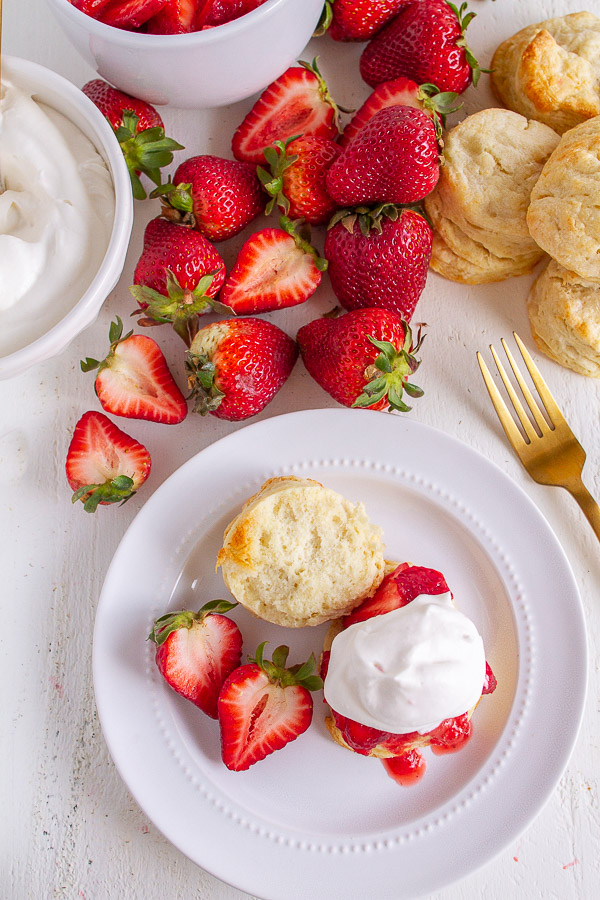 Strawberry Shortcakes topped with fresh strawberries and real whipped cream.