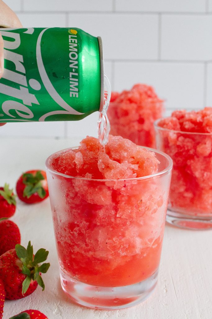 Strawberry Lemonade Slush with sprite and fresh strawberries