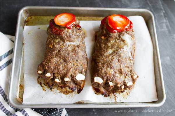 Halloween Feet Loaf a meat loaf recipe with onion toe nails and bloody ketchup stump.