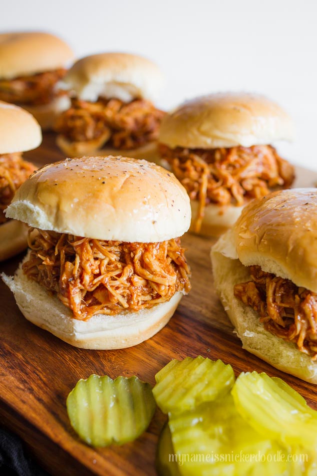 Instant Pot BBQ Chicken Sliders with buttered buns.