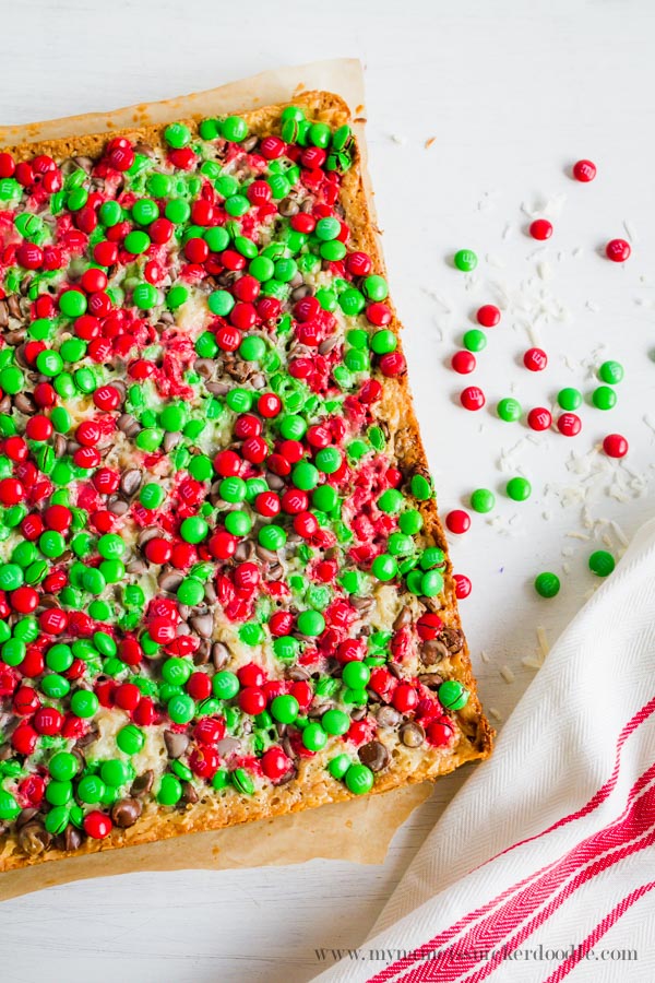 Christmas Magic Cookie Bars full of graham cracker crumbs, coconut, chocolate chips and sweetened condensed milk.  