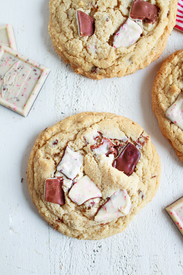 Peppermint Bark Chocolate Chip Cookies perfect for Christmas.