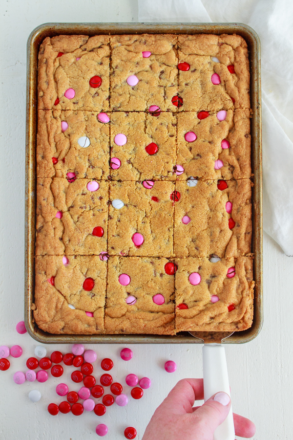 Chocolate Chip Cookie Bars with Valentine's M&Ms.