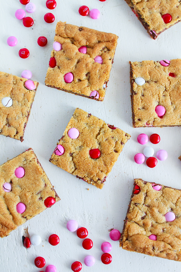 Chocolate Chip Cookie Bars with Valentine's M&Ms. An easy recipe for the holiday.  