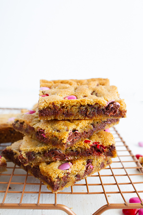 Chocolate Chip Cookie Bars with Valentine's M&Ms. An easy recipe for the holiday.  