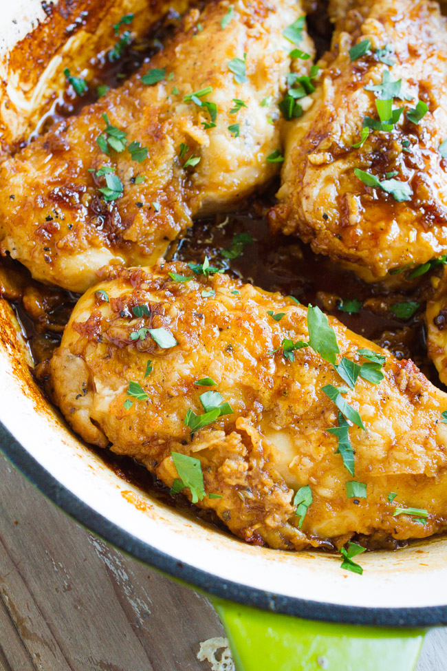 Honey Garlic Chicken Recipe coated in a delicious sweet and savory sauce.  Made in one pan and serve over rice or noodles.