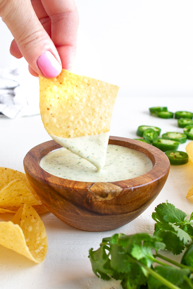 Jalapeno Ranch Dip Recipe in a wooden bowl.