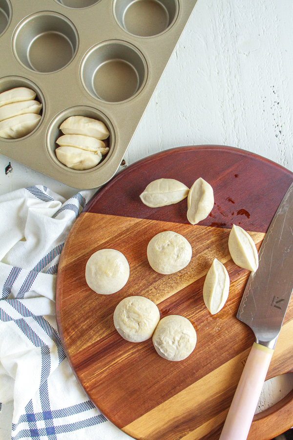 Bread dough cut in half.