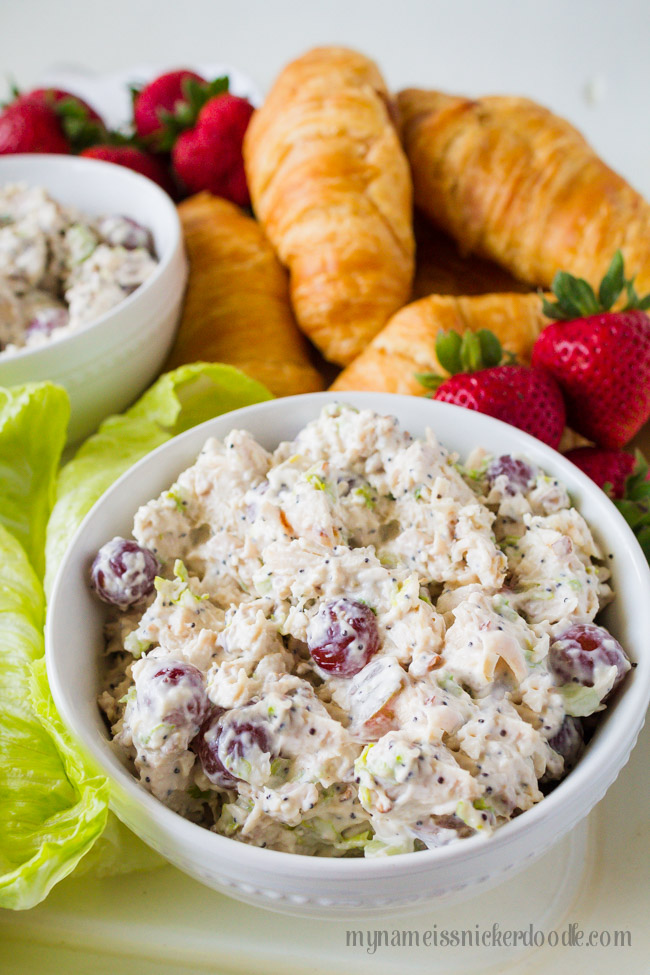 A white bowl filled with A Chicken Salad Recipe.