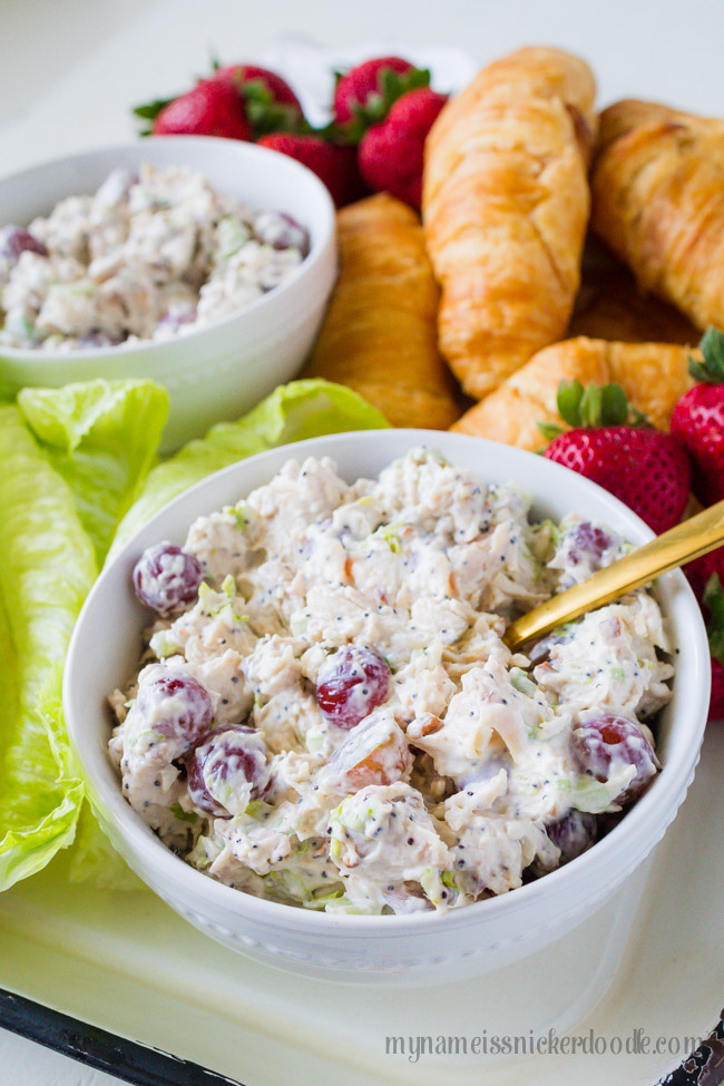 Chicken Salad Sandwich mixture in a white bowl.