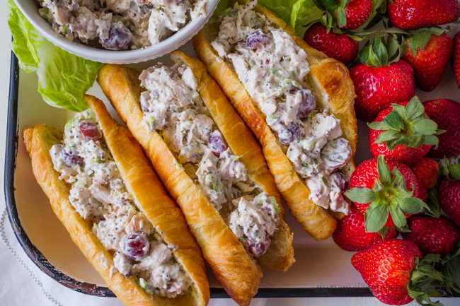 Croissants filled with chicken, celery, pecans and grapes.  