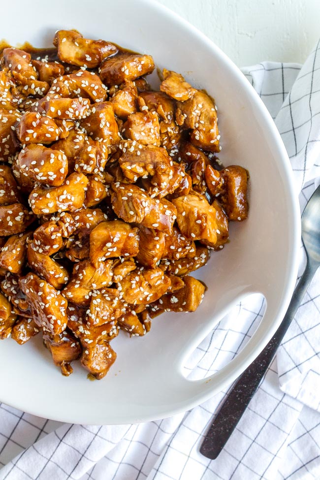 Easy Sesame Chicken in a white bowl.