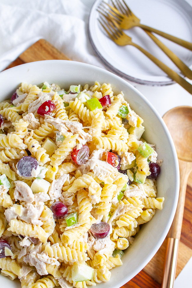 Chicken Apple Pasta Salad in a white bowl.