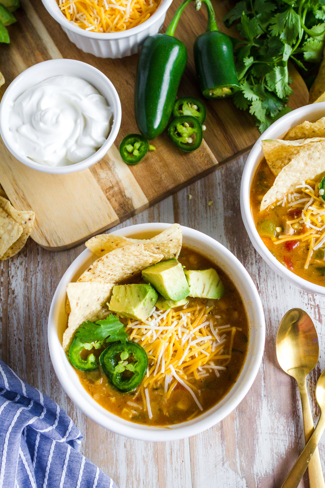 Chicken Tortilla Soup garnished with jalapenos