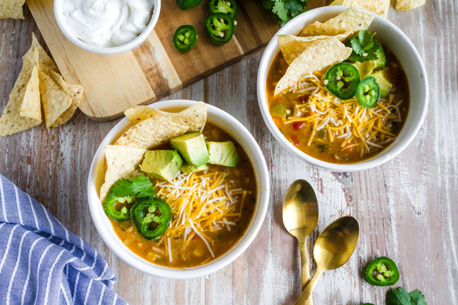 Chicken Tortilla Soup garnished with jalapenos