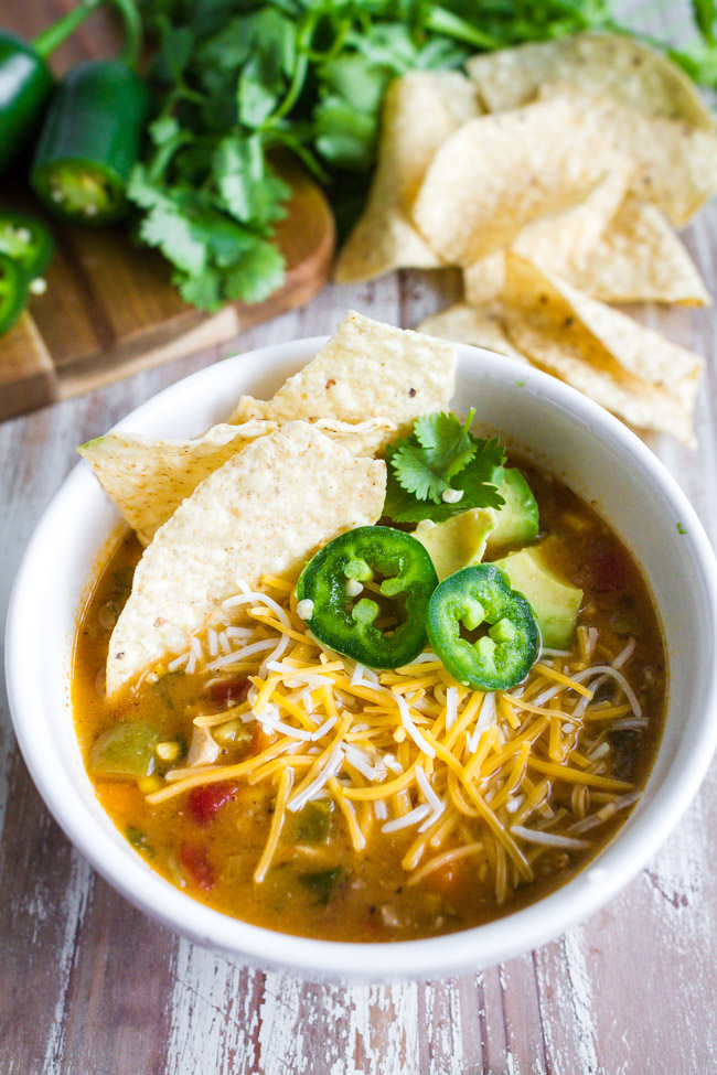 White bowl of Chicken Tortilla Soup. 