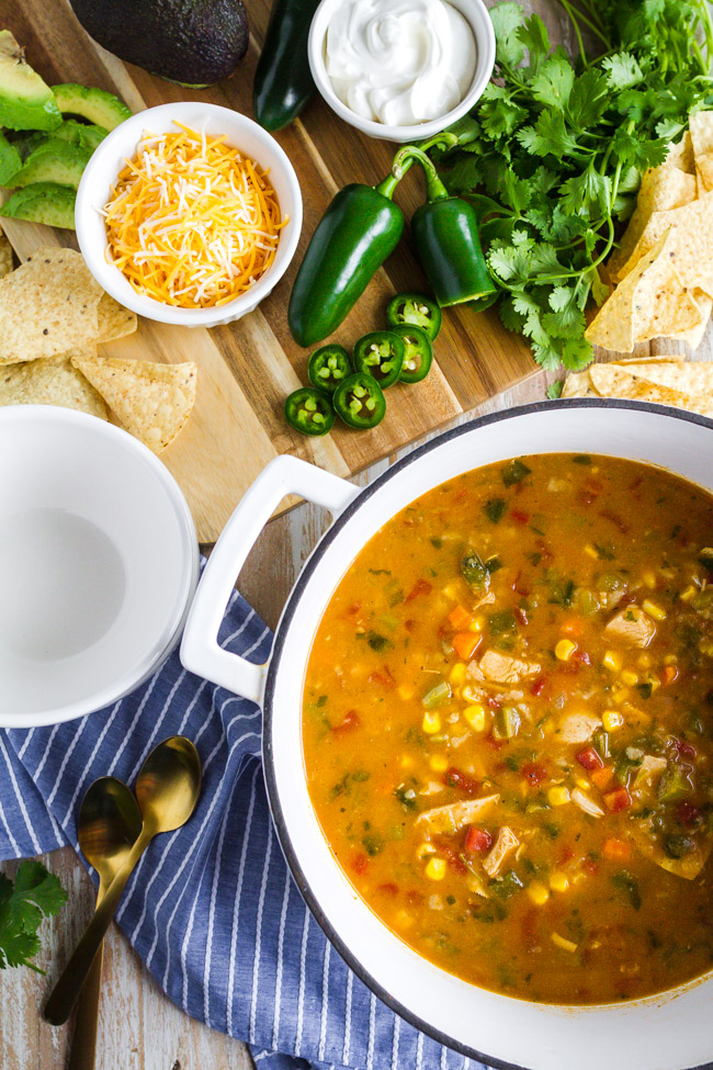 Chicken Tortilla Soup garnished with cilantro and tortilla chips