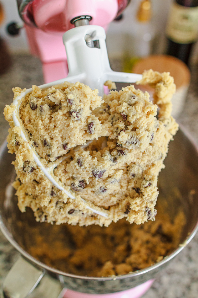 Chocolate Chip Cookie Dough in a Kitchenaid Stand Mixer