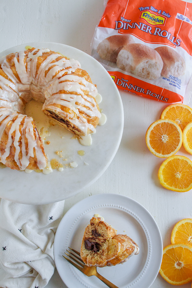 A sliced Chocolate Orange Bunt with Rhodes Rolls