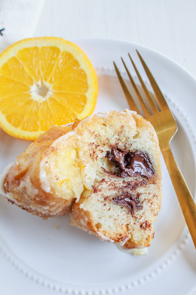 A slice of Orange Pull-Aparts filled with dark chocolate.  