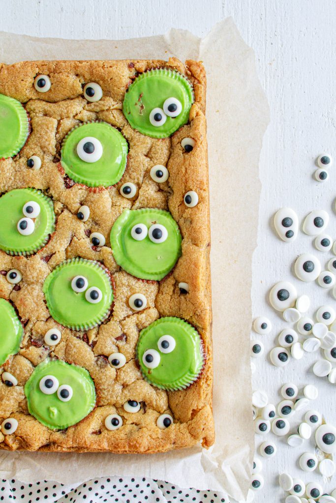 Halloween Dessert with chocolate chip cookie dough and peanut butter cups.